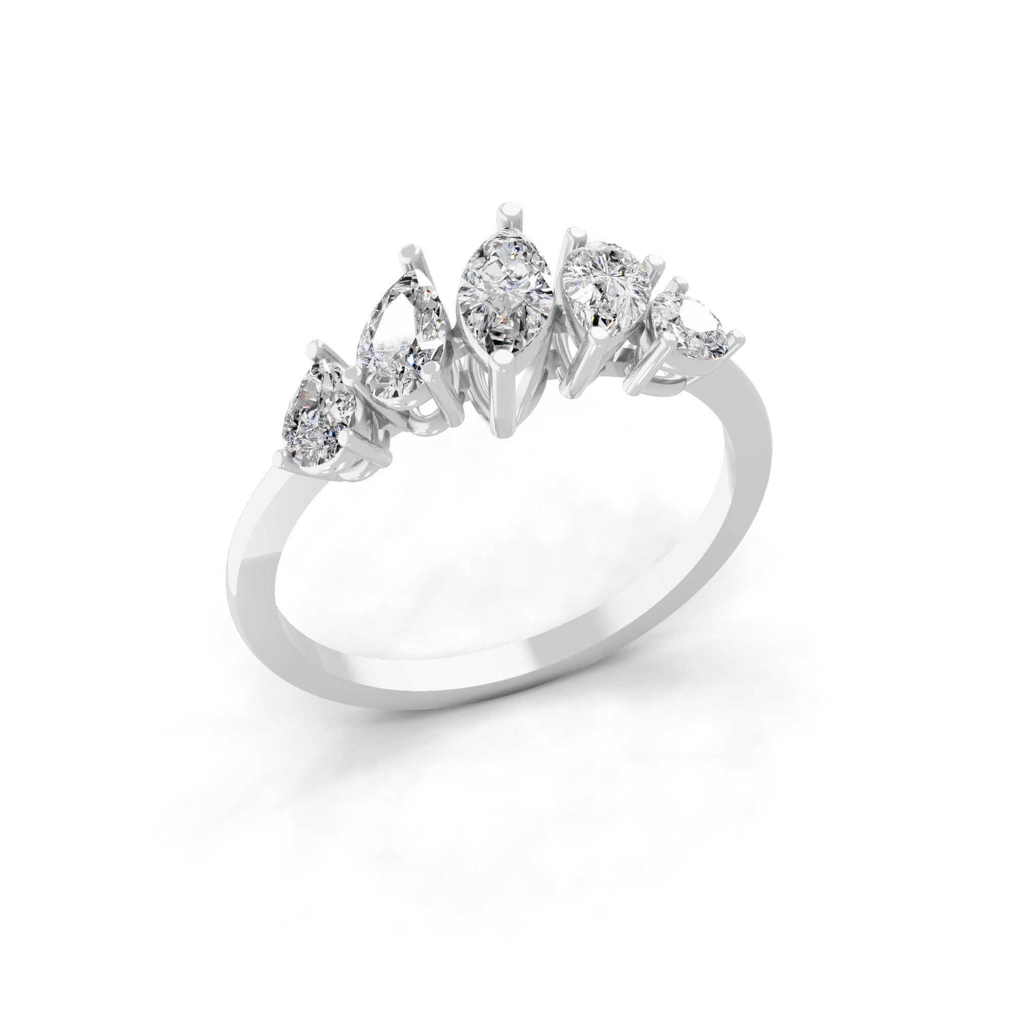 Five Stone Pear Marquise Lab Grown Diamond Ring 14K Fine Gold 1.02Ct