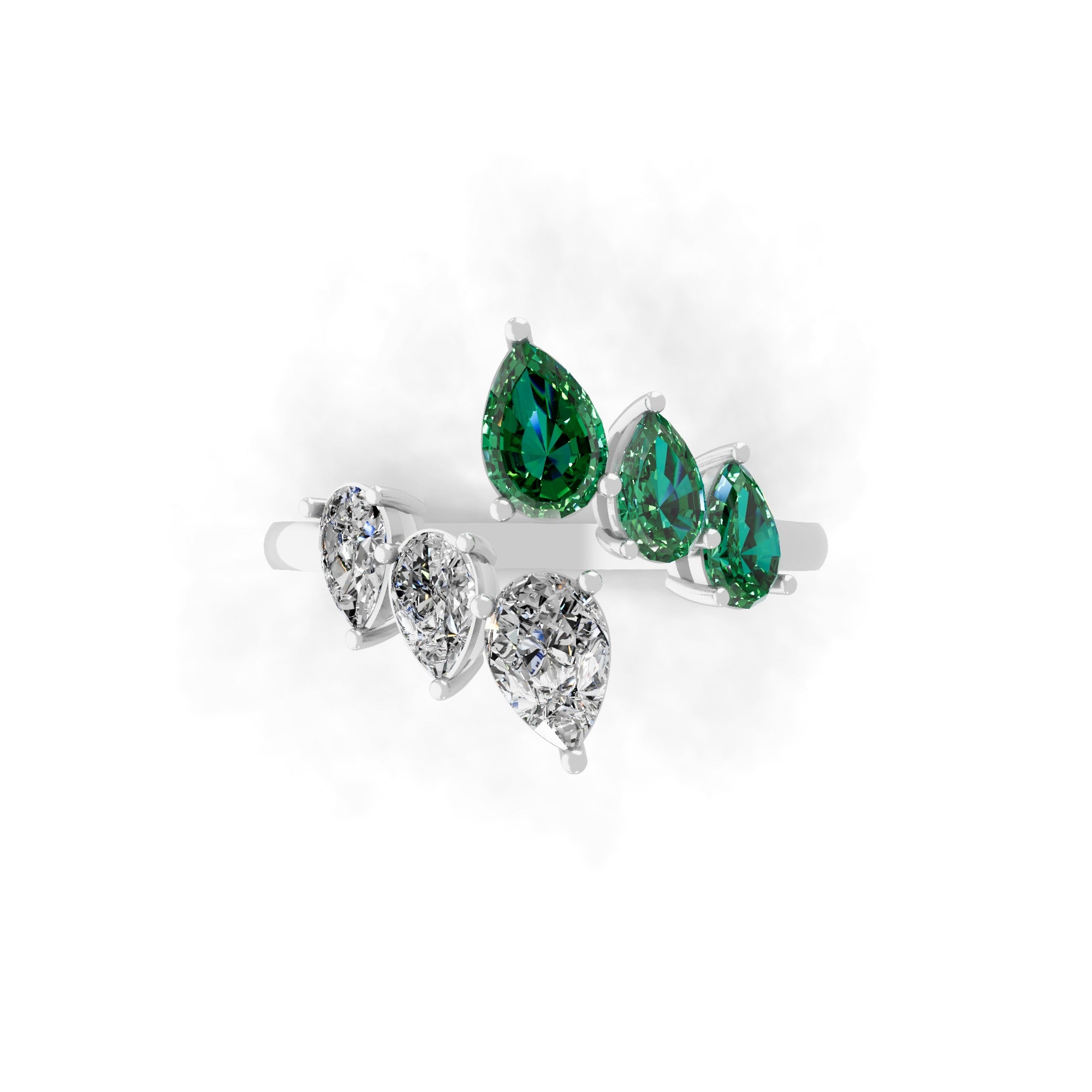 14K Gold Emerald Lab Grown Pear Cut Diamond Open Style Promise Ring 1.53Tcw