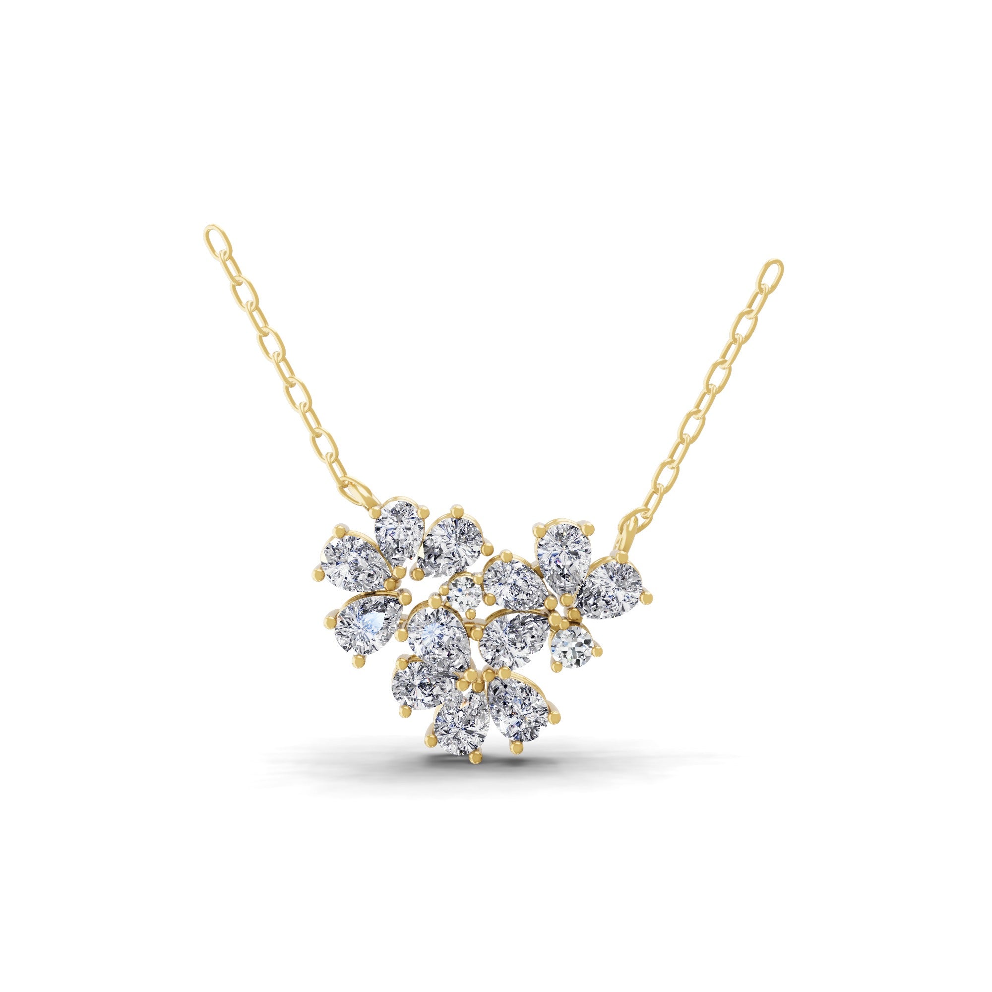 14K Fine Gold 1.54Ct Lab Grown Pear Round Diamond Floral Cluster Pendant Necklace