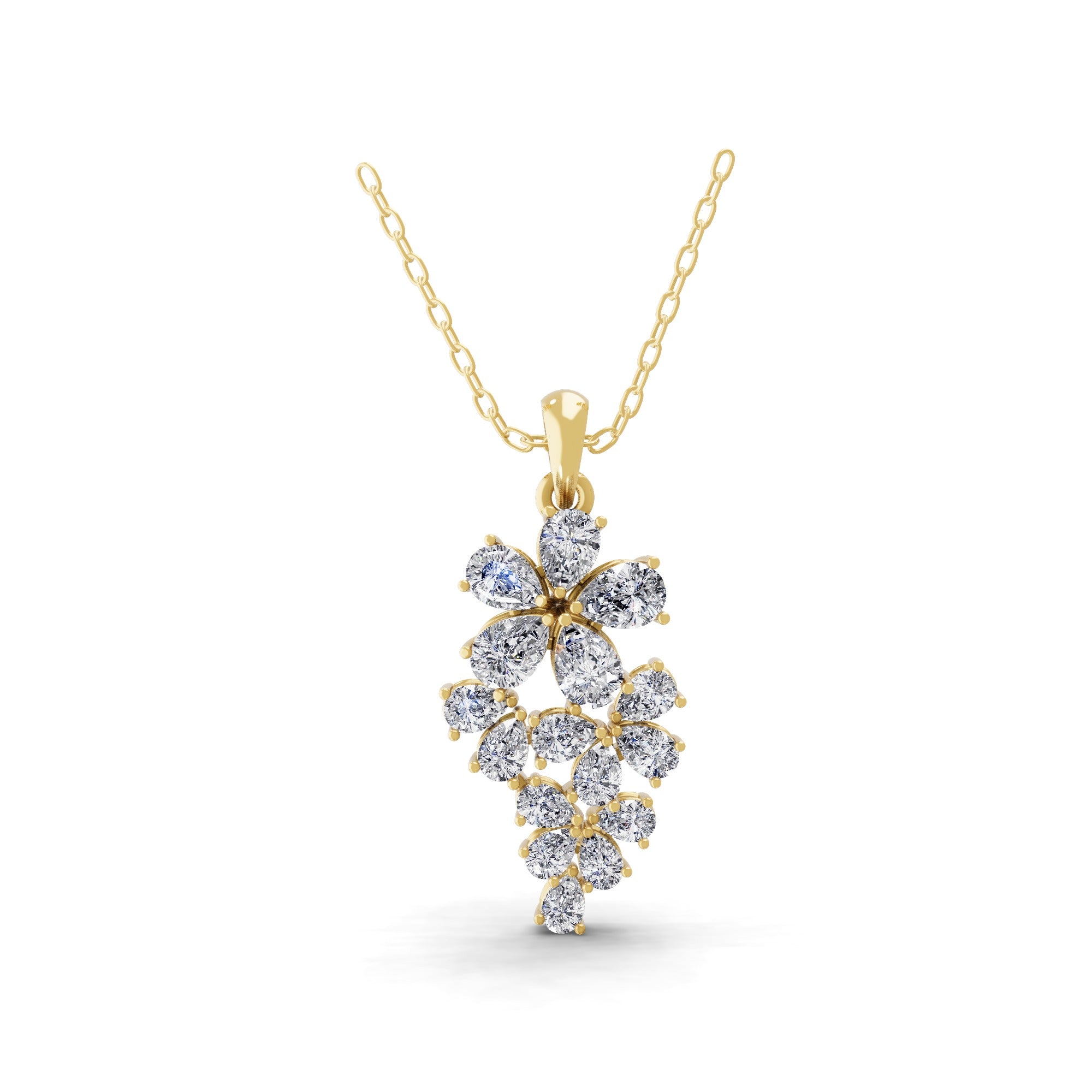 3.15Ct Floral Design Pendant Lab Grown Pear Cut Diamond 14K Fine Gold Necklace