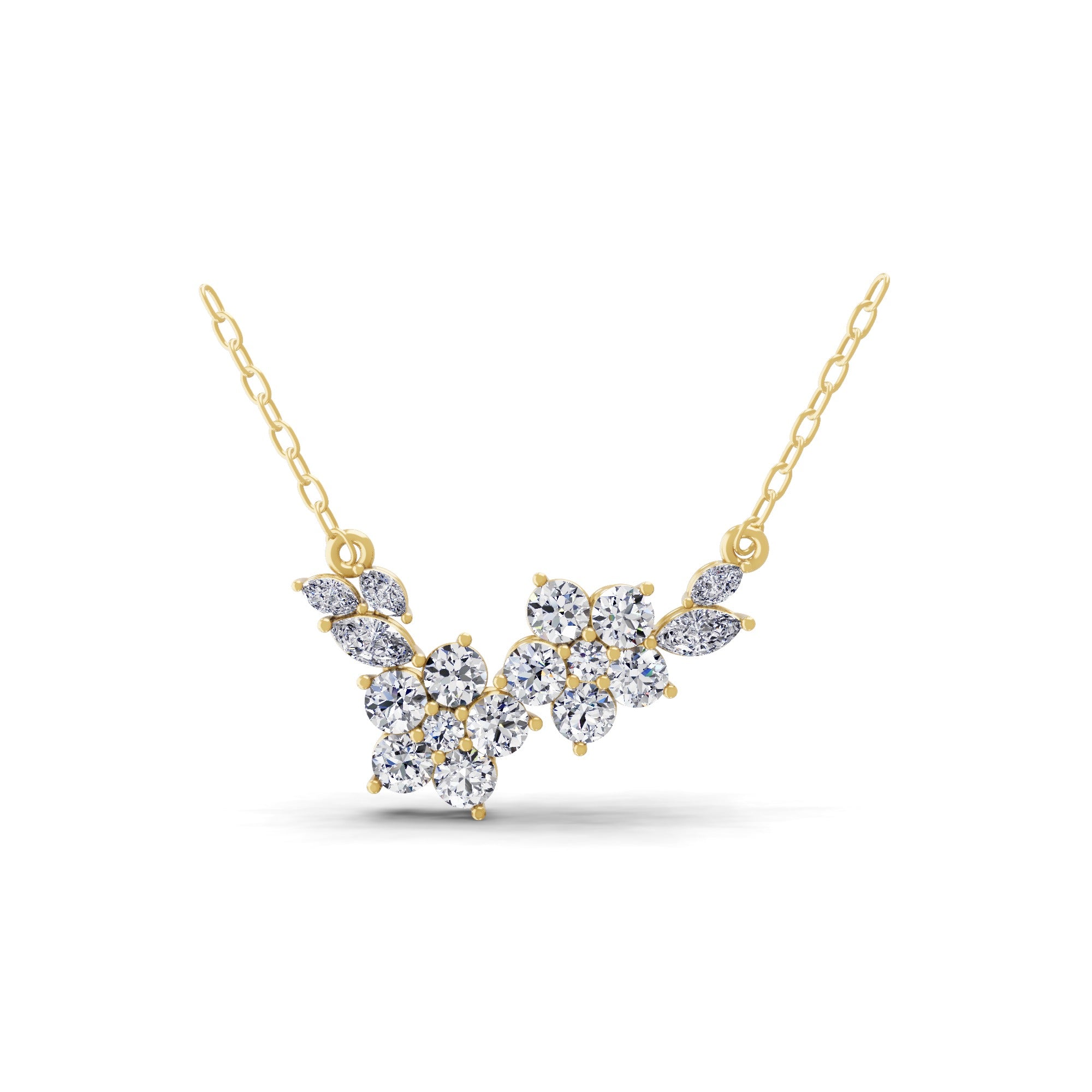 14K Fine Gold Floral Cluster Round Marquise Lab Grown Diamond Pendant Necklace 1.45Ct