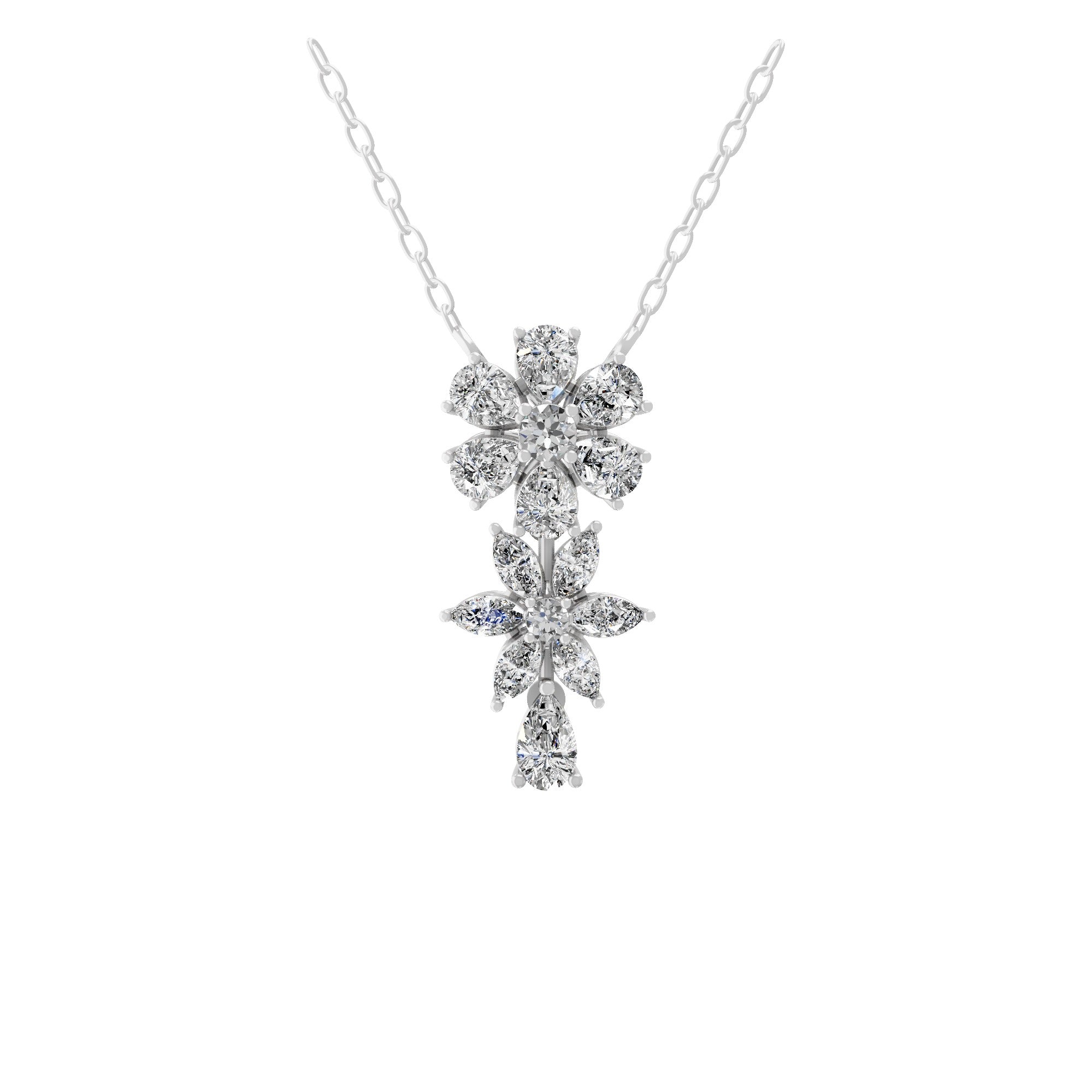 Floral Pendant Cascading Cluster 14K Fine Gold Necklace 1.79Ct Lab Grown Diamond