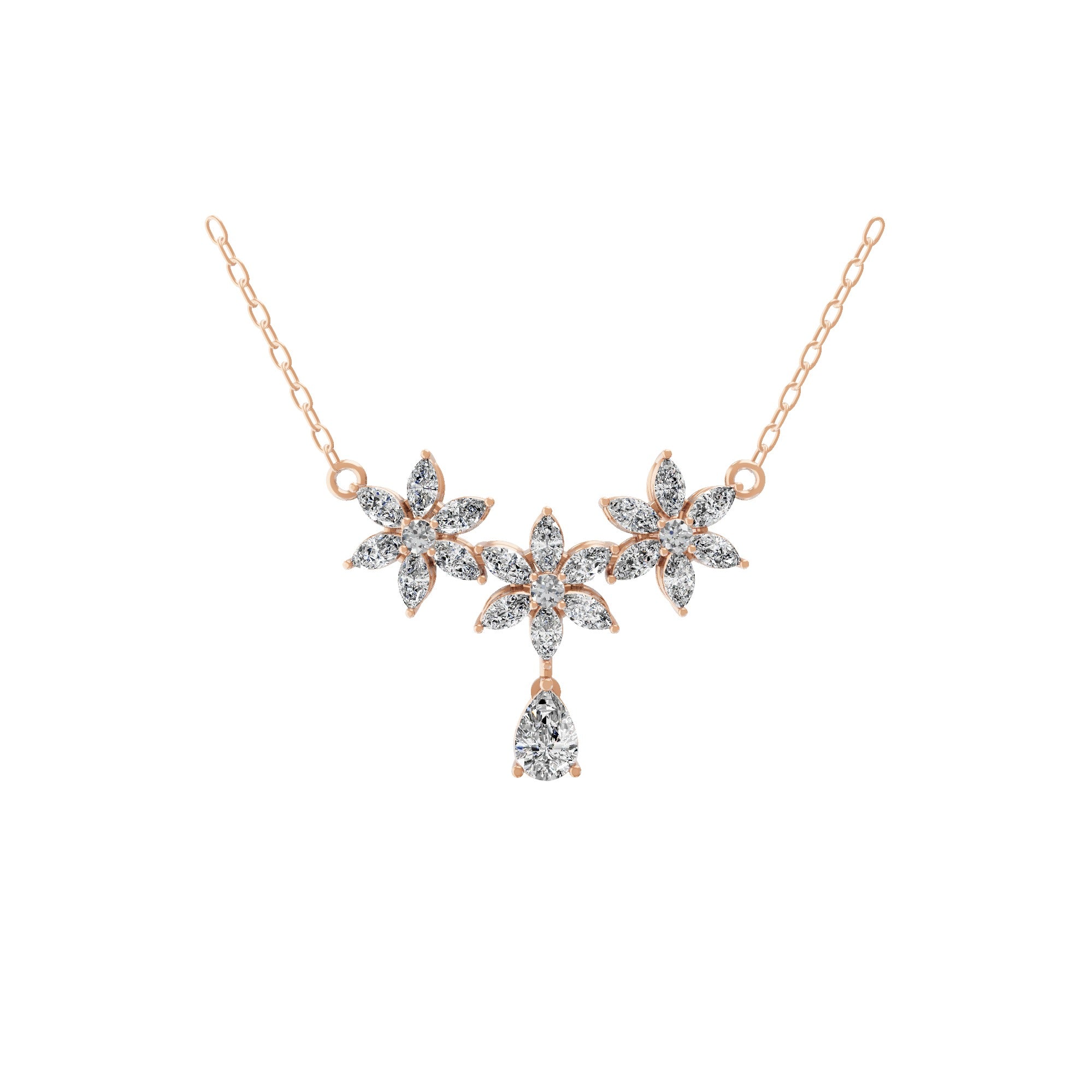 2.42Ct Lab Grown Multi Shape Three Floral Cluster Pendant 14K Fine Gold Necklace