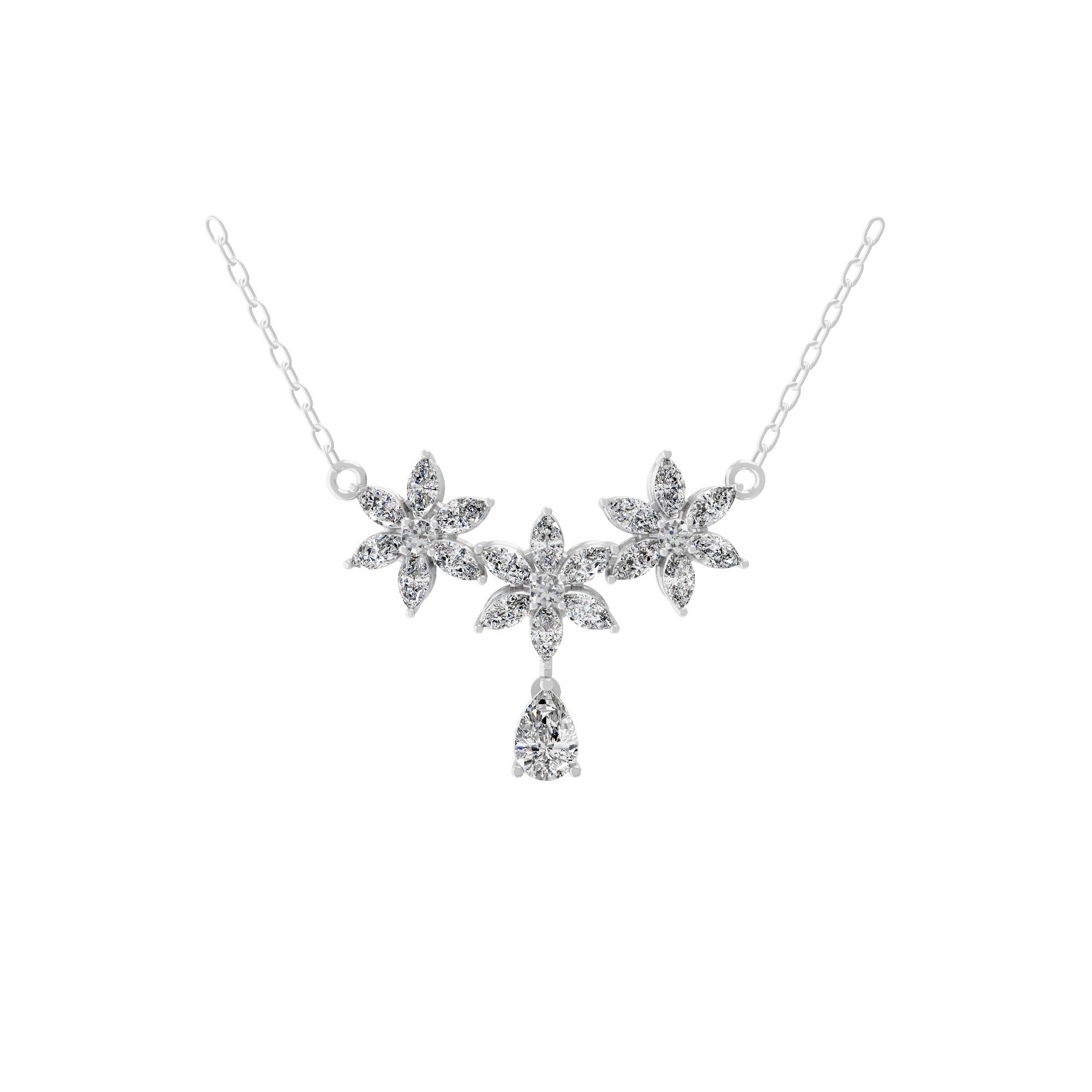 2.42Ct Lab Grown Multi Shape Three Floral Cluster Pendant 14K Fine Gold Necklace