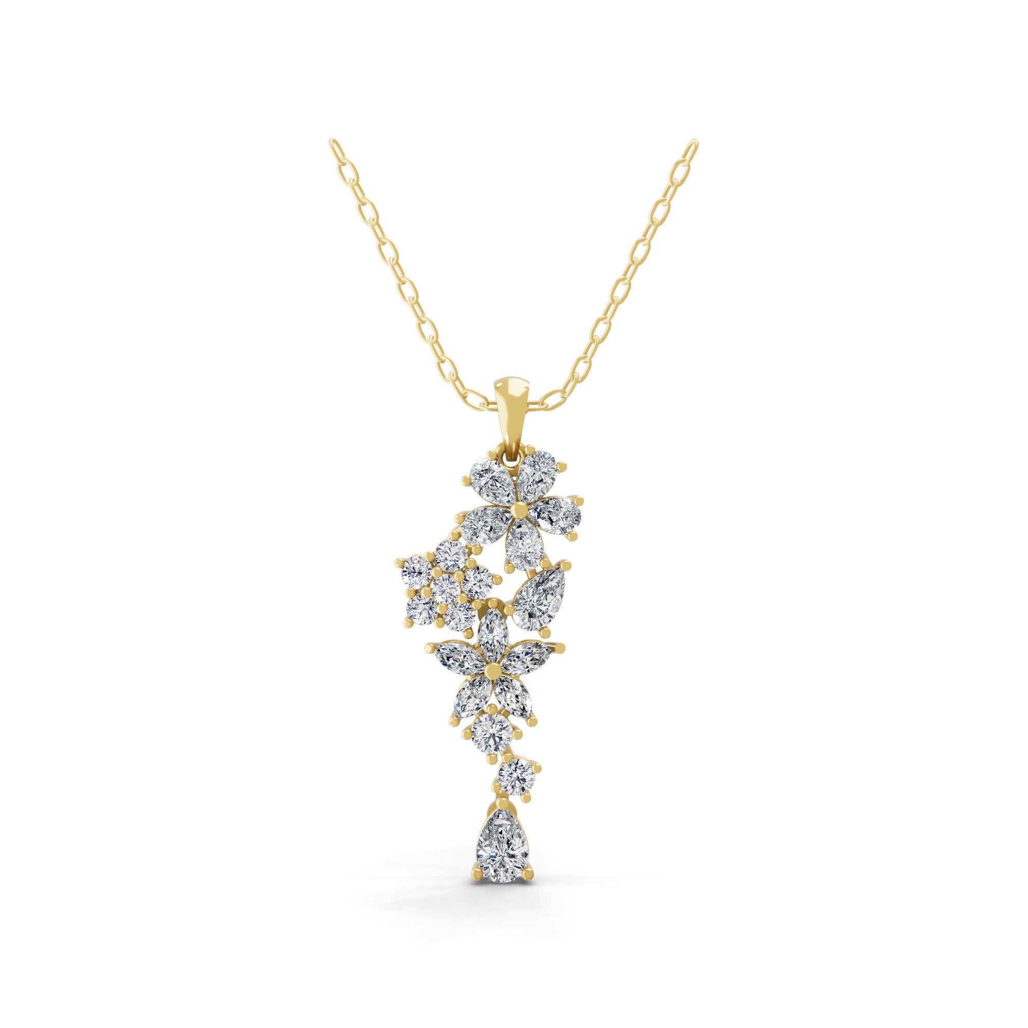 14K Fine Gold Necklace Multi Stone Lab Grown Diamond Floral Cascade Pendant 2.29Ct
