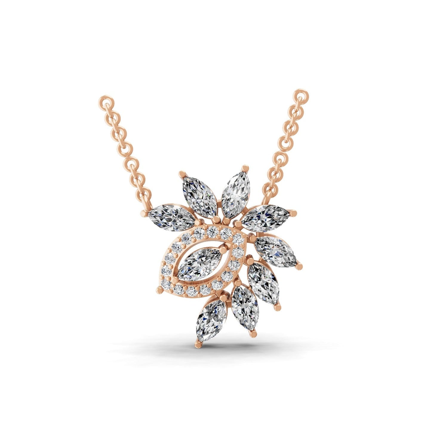 14K Fine Gold 2.46Ct Round Marquise Lab Grown Diamond Leaf Pendant Necklace