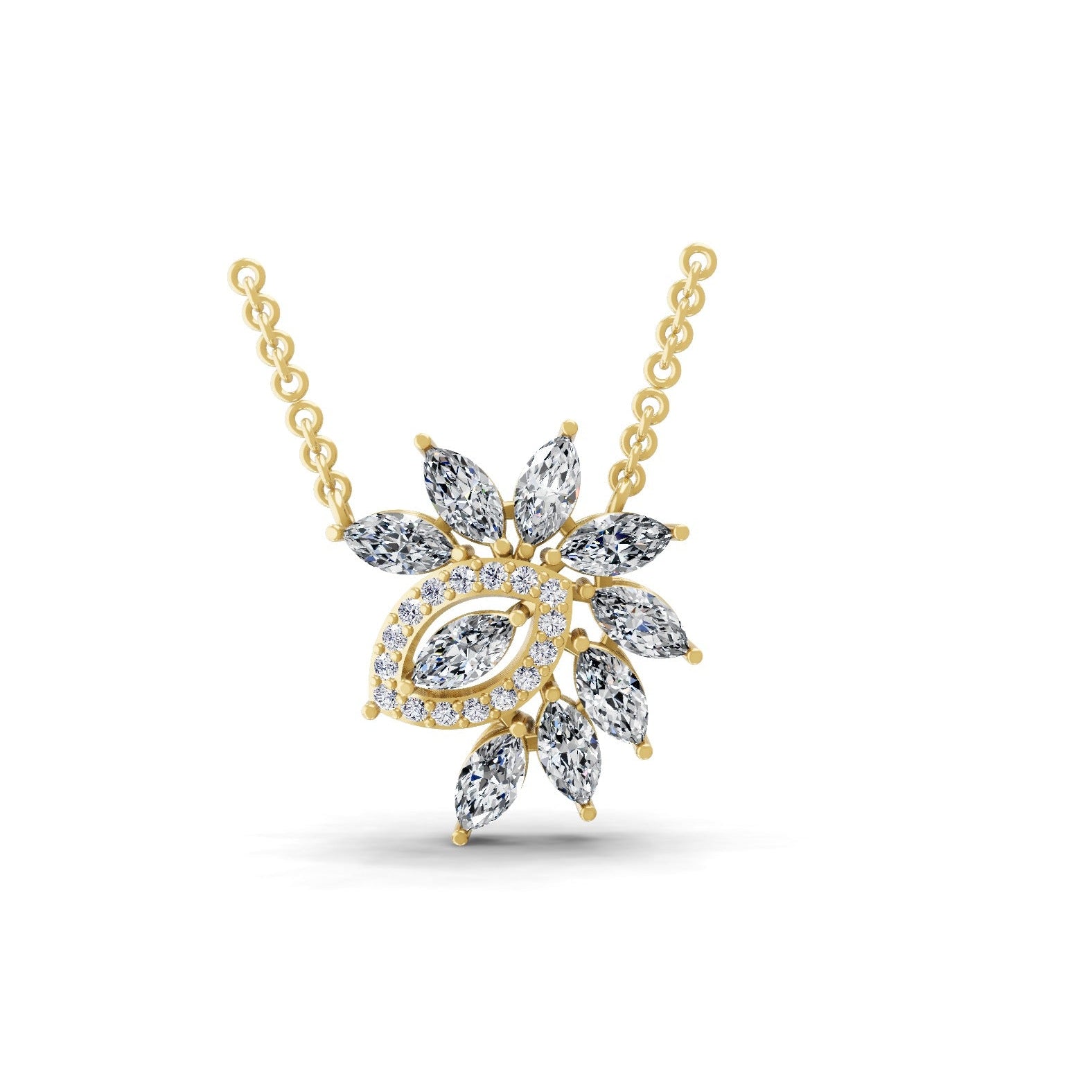 14K Fine Gold 2.46Ct Round Marquise Lab Grown Diamond Leaf Pendant Necklace
