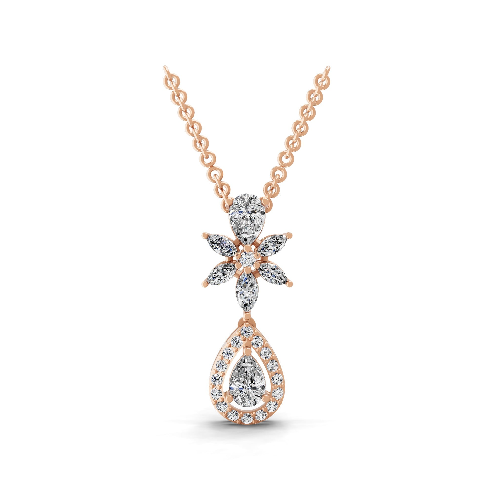 Floral Pendant 14K Fine Gold 1.80Ct Lab Grown Multi Cut Diamond Necklace