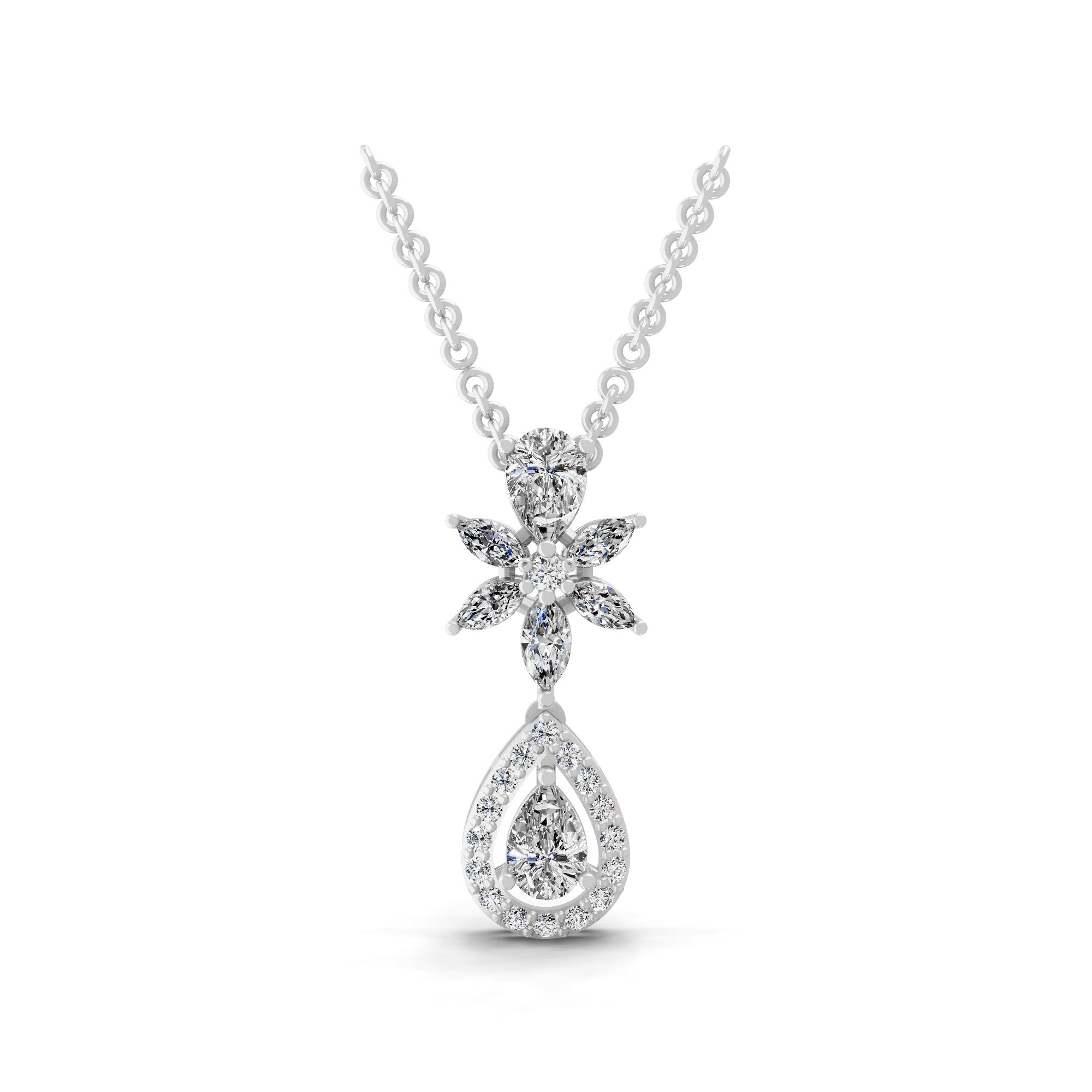 Floral Pendant 14K Fine Gold 1.80Ct Lab Grown Multi Cut Diamond Necklace