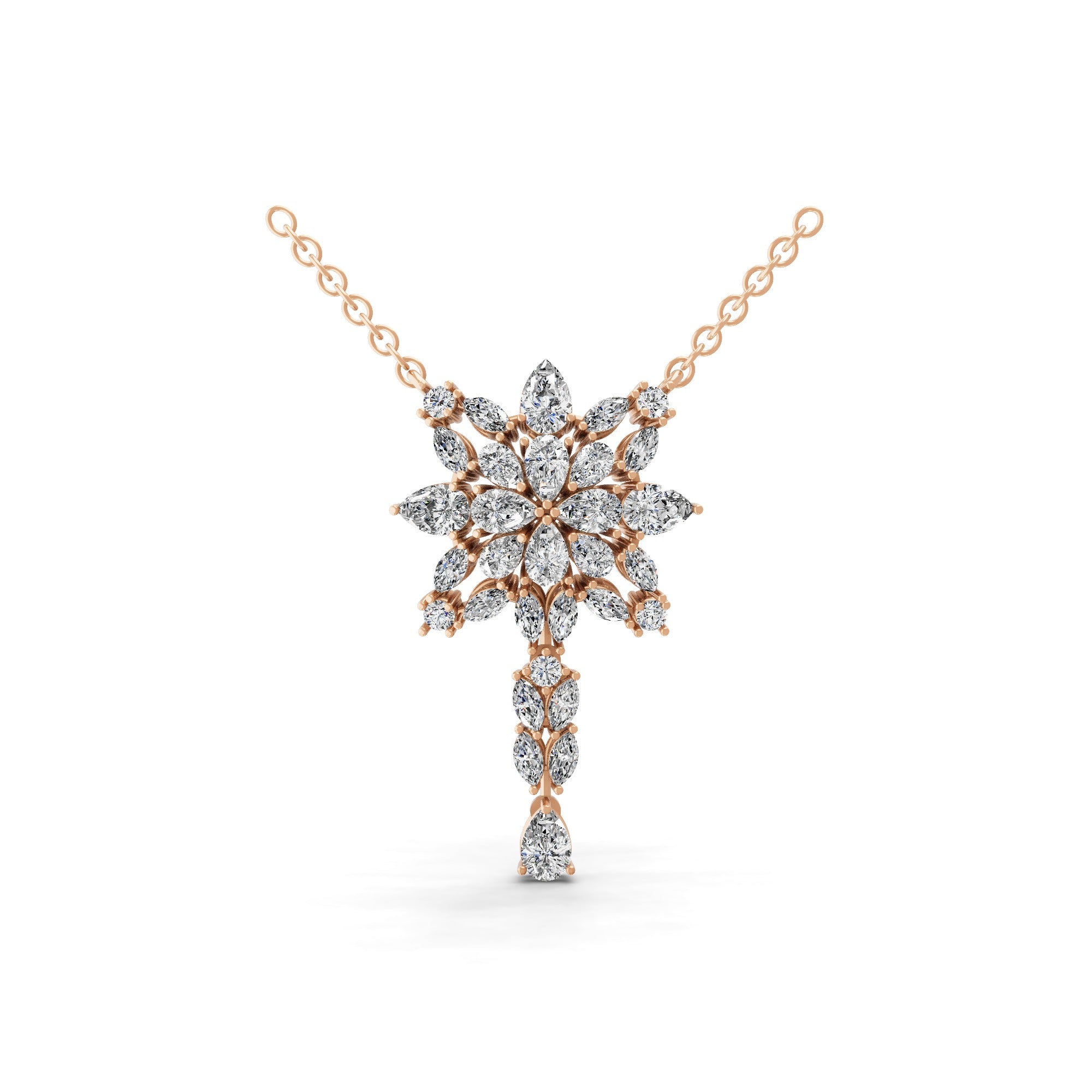 14K Fine Gold Multi Shape 3.95Ct Lab Grown Diamond Snowflake Pendant Necklace