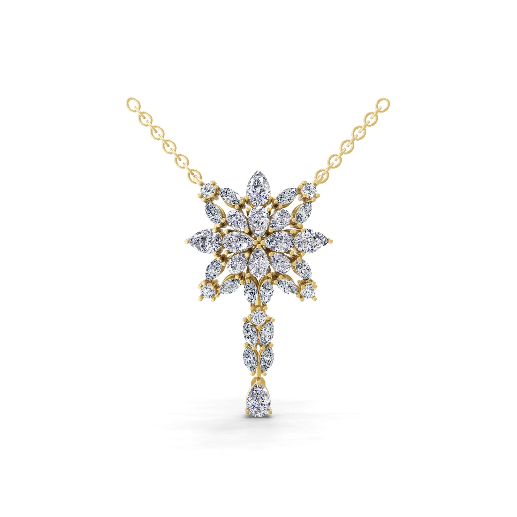 14K Fine Gold Multi Shape 3.95Ct Lab Grown Diamond Snowflake Pendant Necklace