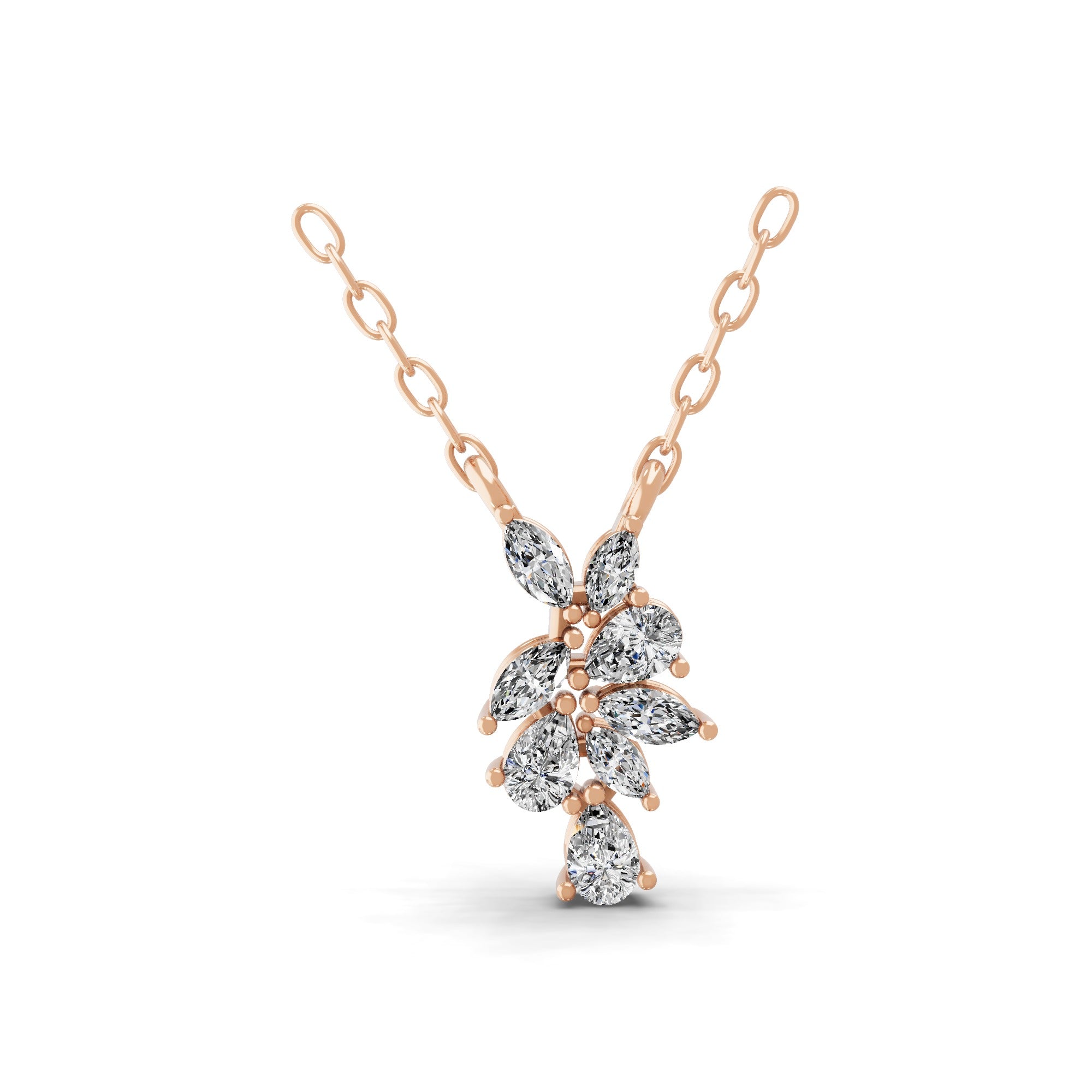 0.60Ct Lab Grown Pear Marquise Diamond Leaf Cluster Pendant 14K Fine Gold Necklace
