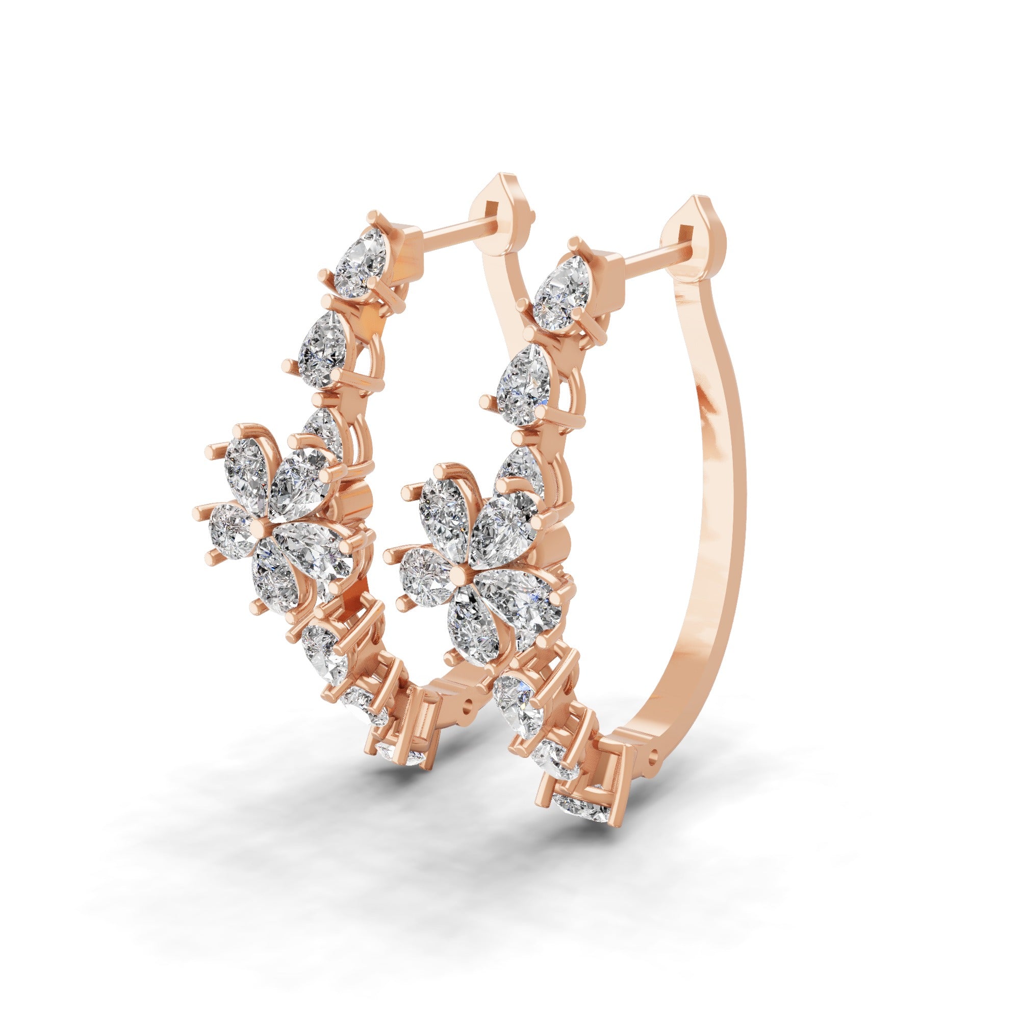 Pear Cut 14K Fine Gold Lab Grown Diamond Floral Hoop Earrings 2.51Ct