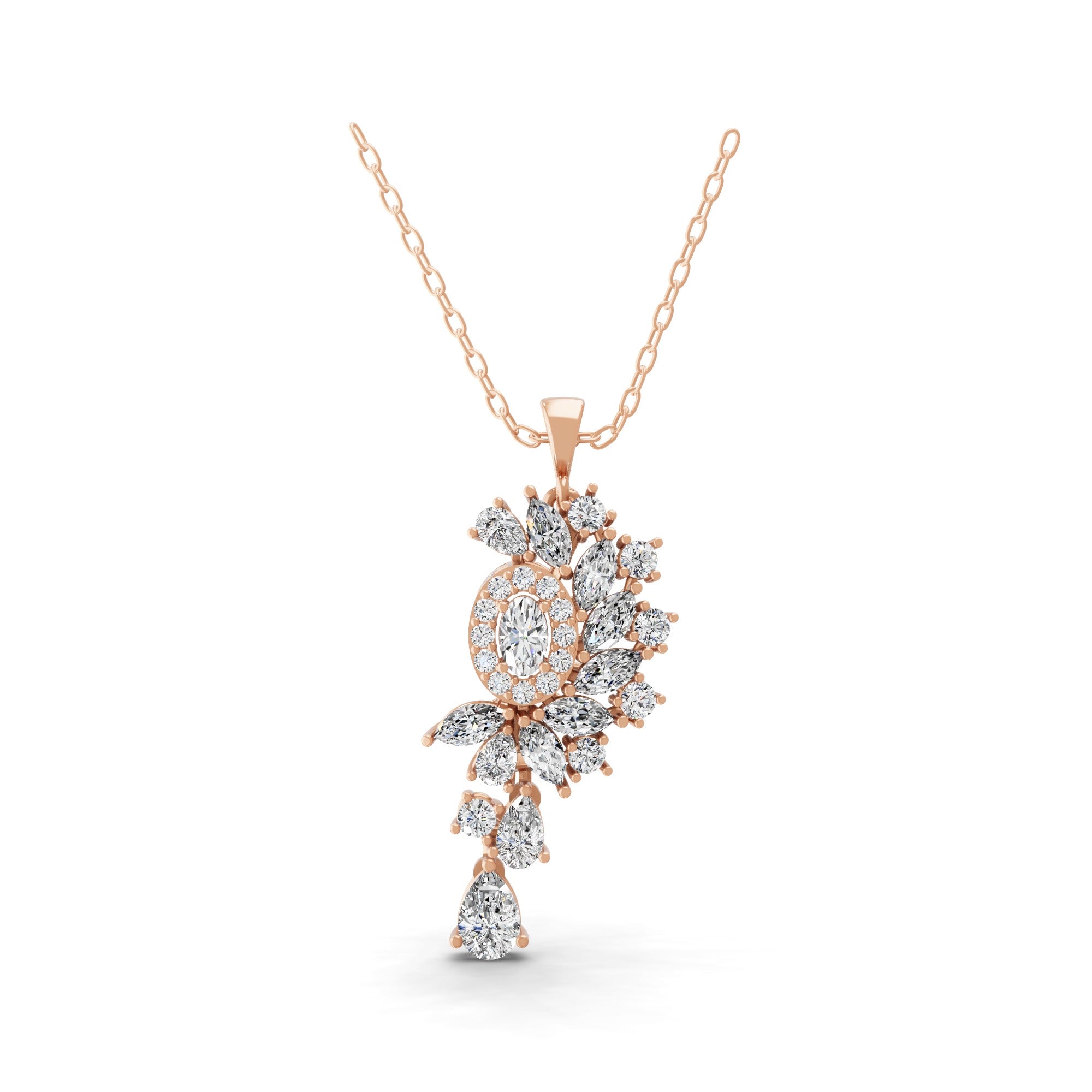 Multi Cut Lab Grown Diamond Leaf Cluster Necklace 14K Fine Gold Pendant 3.02Ct