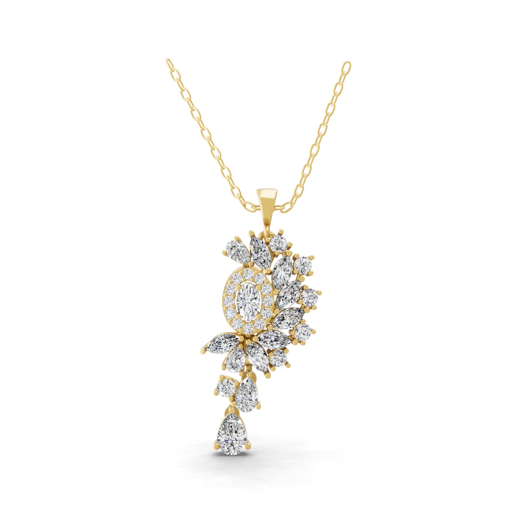 Multi Cut Lab Grown Diamond Leaf Cluster Necklace 14K Fine Gold Pendant 3.02Ct