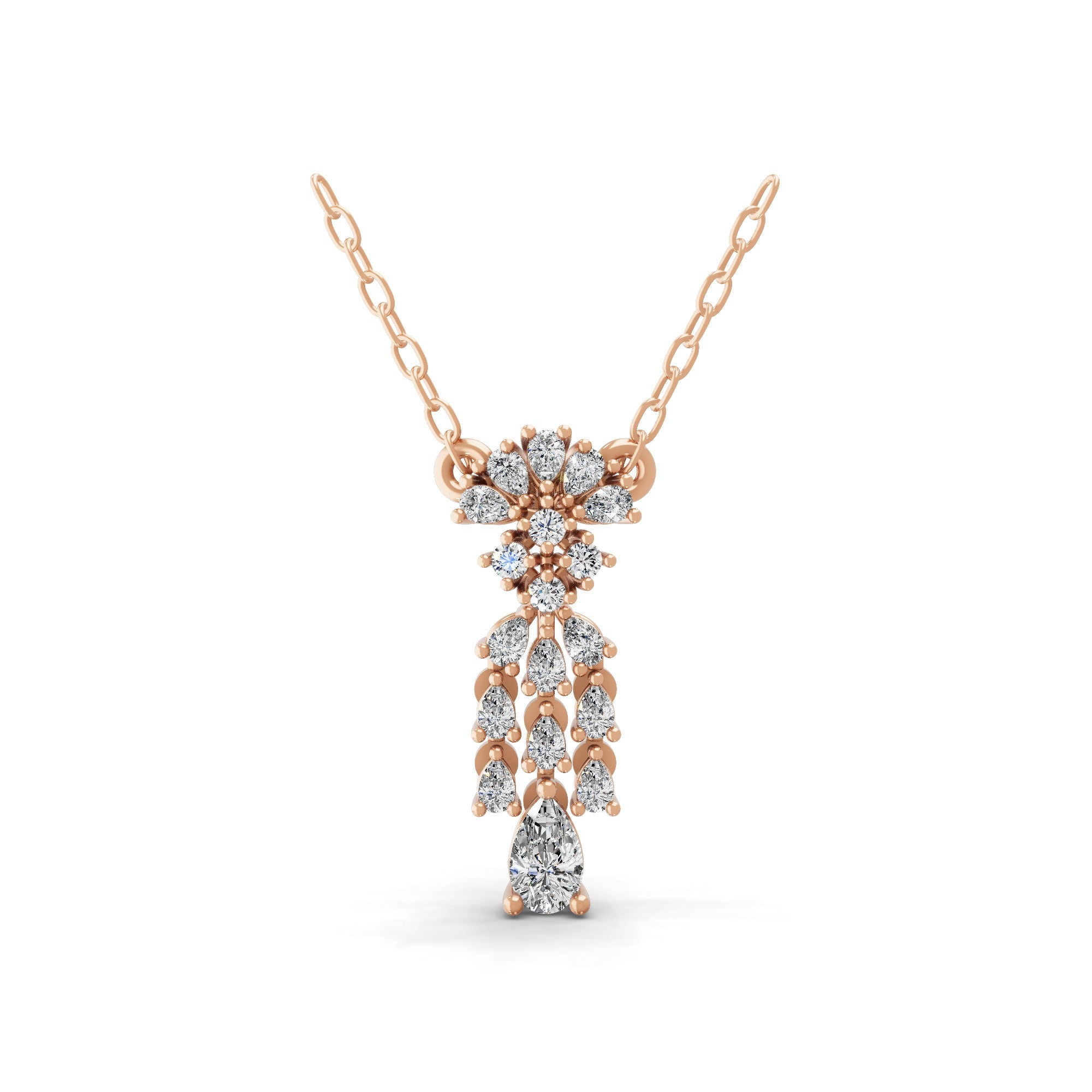 14K Fine Gold Lab Grown Pear Round Diamond Floral Cluster Pendant Necklace 0.71Ct