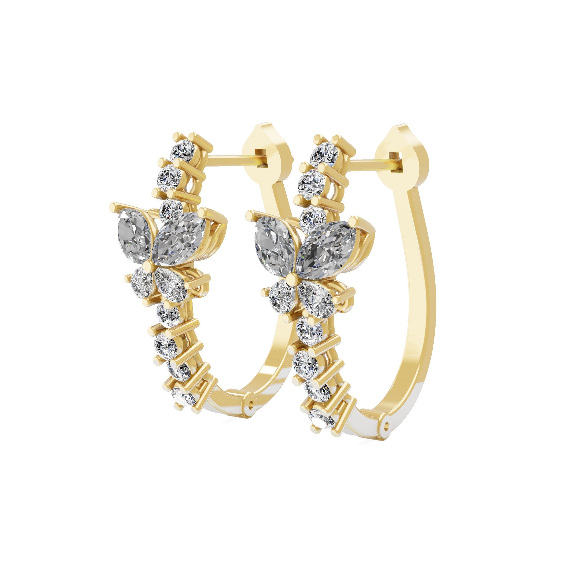 14K Fine Gold Multi Shaped Lab Grown Diamond Floral Hoop Earrings 1.43Ct