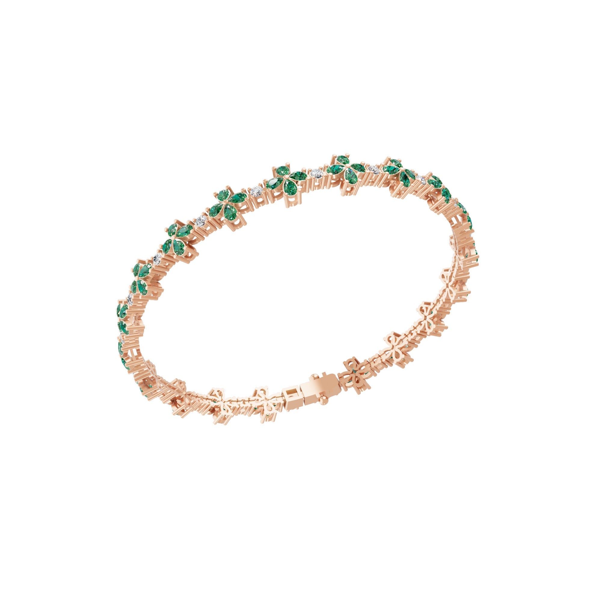 0.79TCW Lab Grown Diamond and Emerald Flower Pear Round Cut Tennis Fine Gold Bracelet