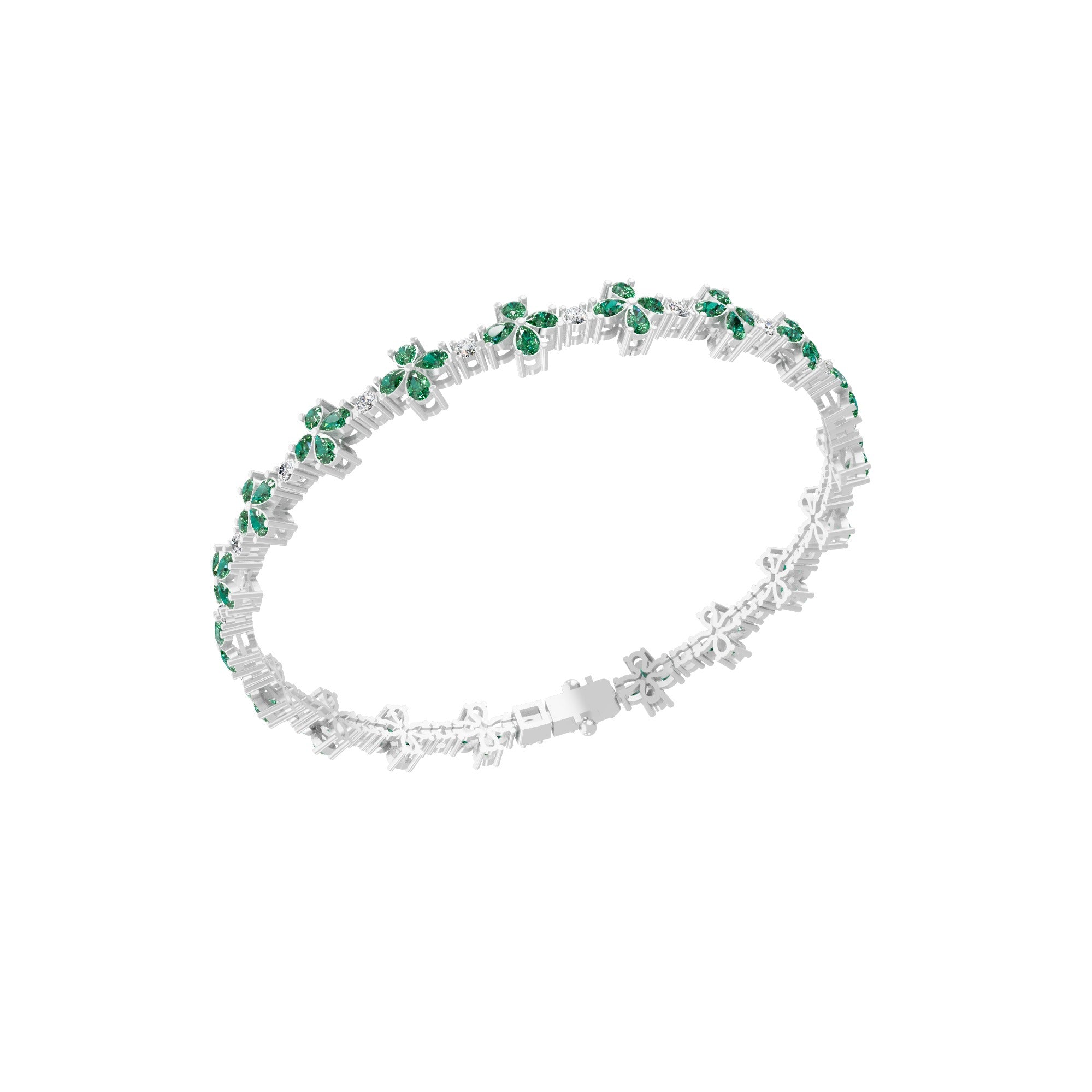0.79TCW Lab Grown Diamond and Emerald Flower Pear Round Cut Tennis Fine Gold Bracelet