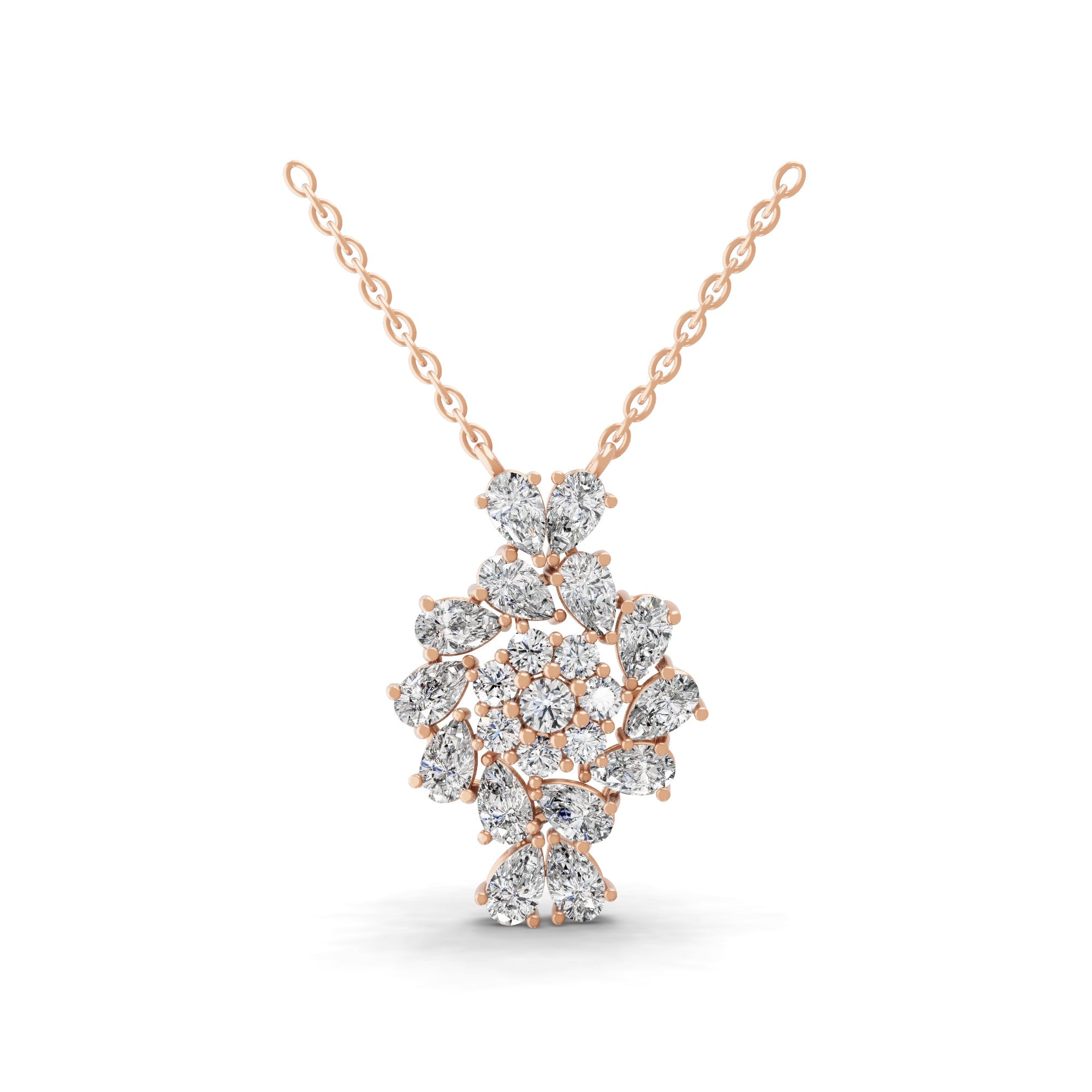4.06Ct Lab Grown Pear Round Diamond Floral Cluster Pendant 14K Fine Gold Necklace