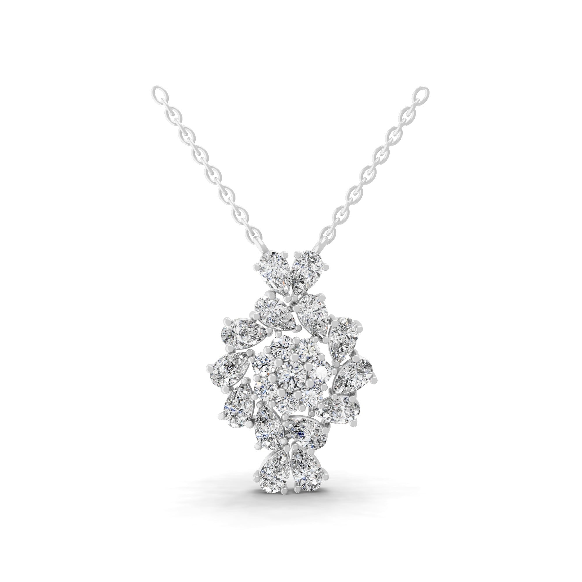 4.06Ct Lab Grown Pear Round Diamond Floral Cluster Pendant 14K Fine Gold Necklace