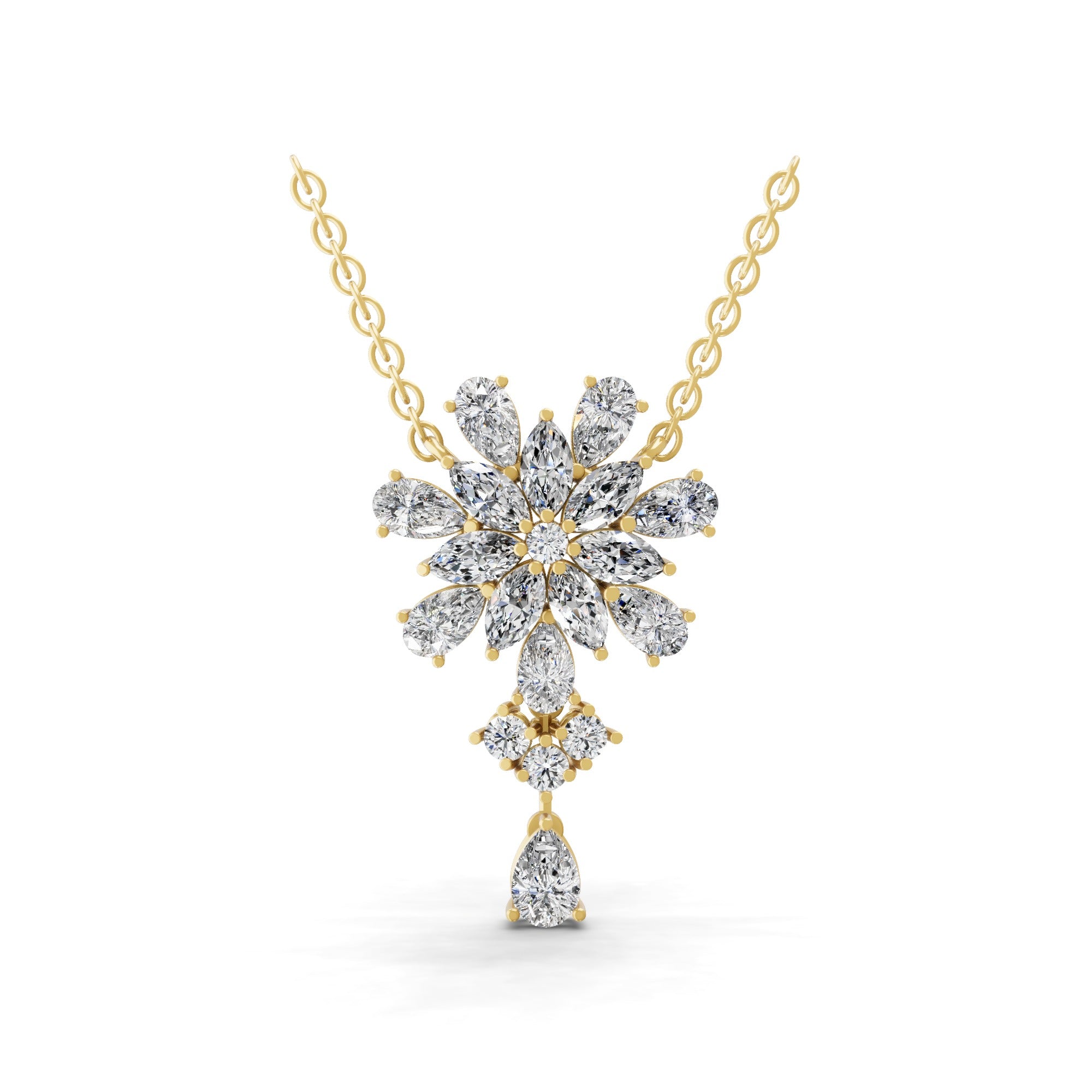 Lab Grown Multi Shape Diamond 5.86Ct Floral Cluster Pendant 14K Fine Gold Necklace