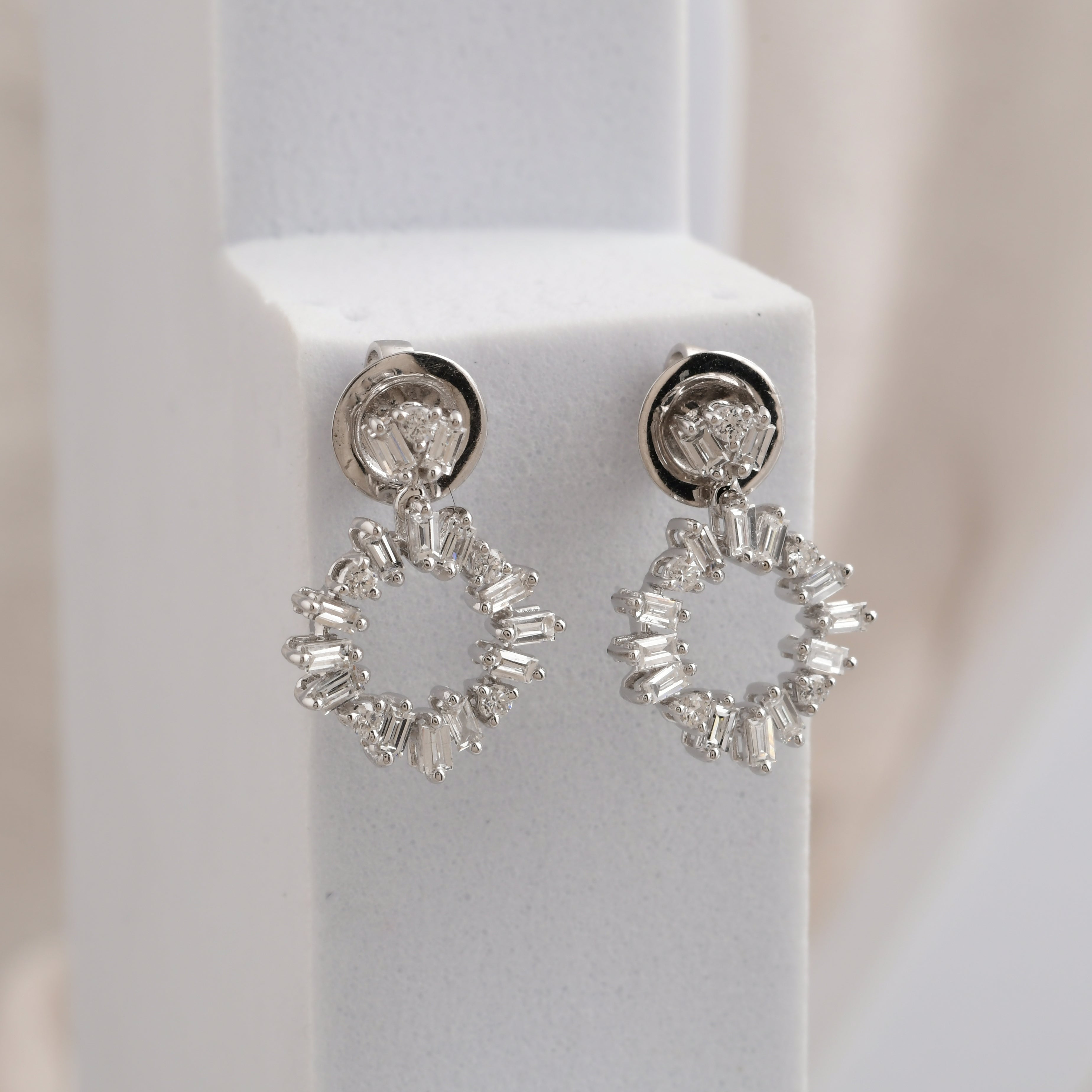 Baguette and Round Lab Grown Diamond Circle Dangle Earrings 1.04Ct 14K Fine Gold