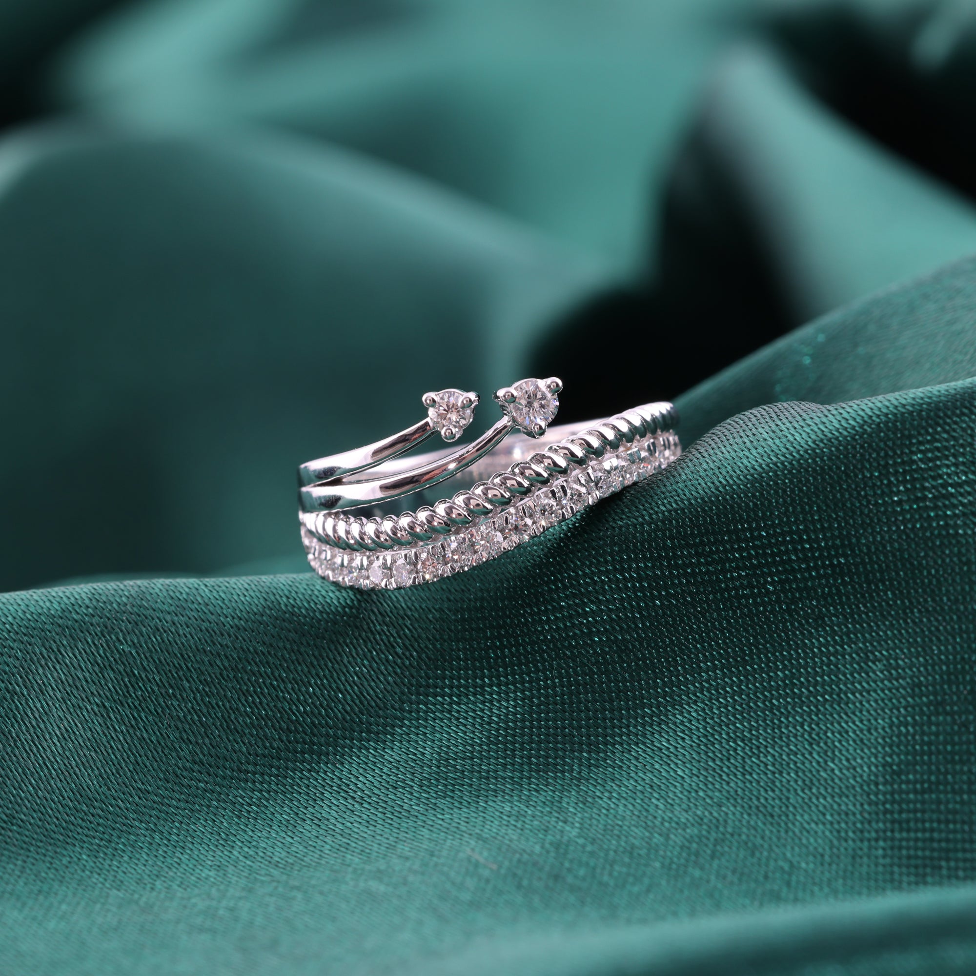 Multi Band Rope Statement Ring Round Cut 0.48Ct Lab Grown Diamond 14K Fine Gold